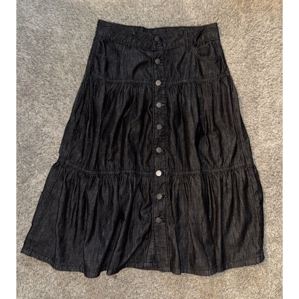Boho Dark Denim A-line Tier Ruffle Skirt Buttons Concho Chic Sz 6 Cow Girl Y2K